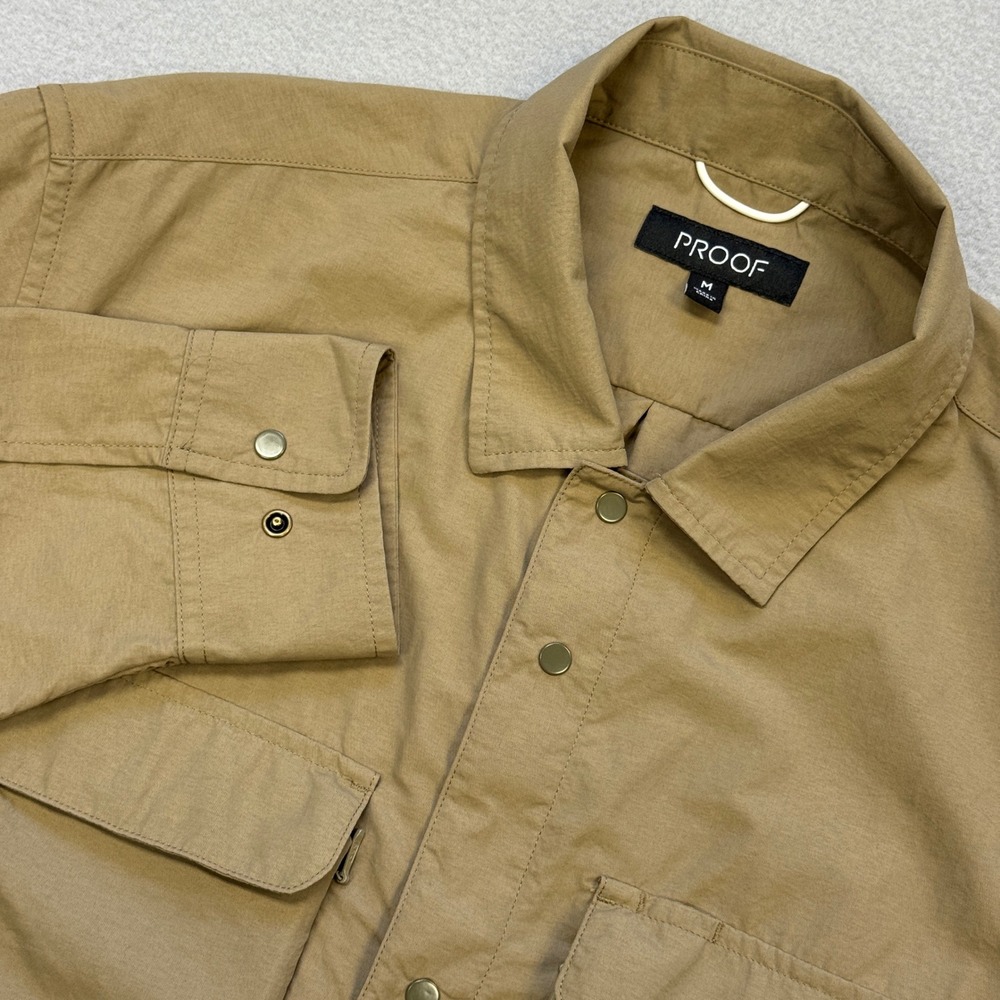 Proof Huckberry‎ Field Shirt Mens M Tan Nylon Snap Buttons Front Utility Hiking